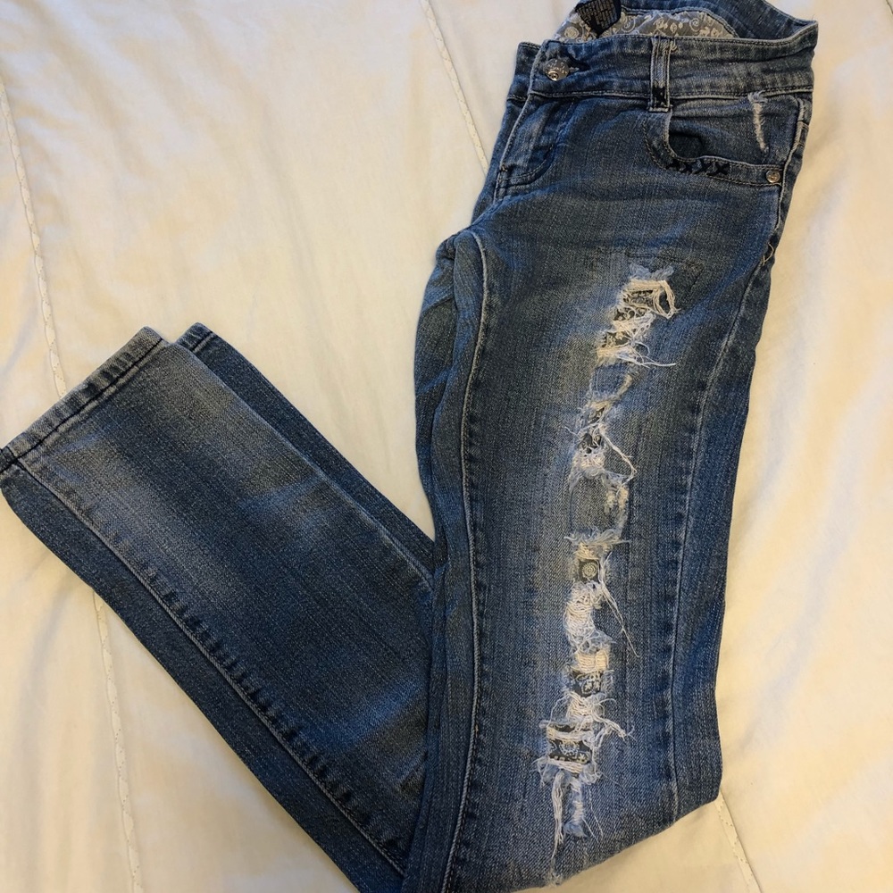 Rampage Distressed Floral Patchwork Jeans